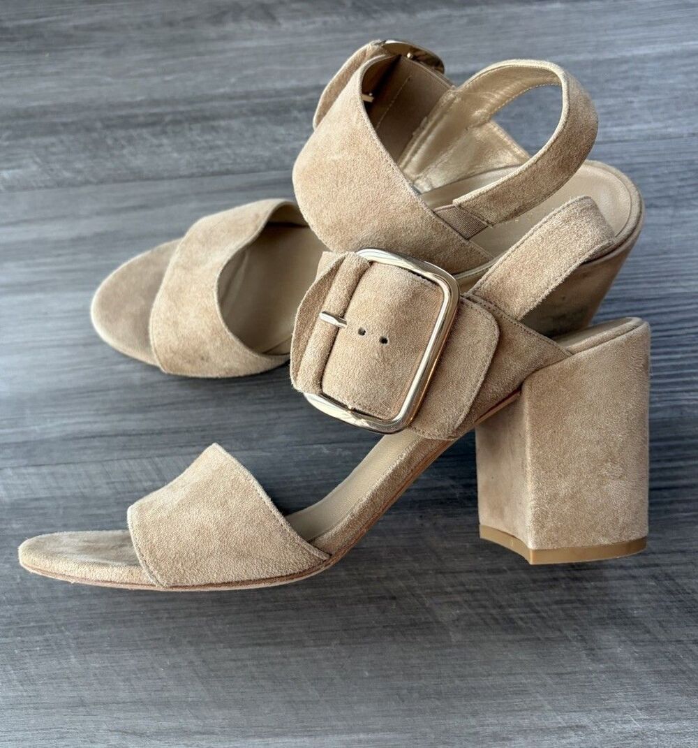 Stuart Weitzman City Sandals Size 11 Tan Suede Big Buckle Slingback Block Heel - Picture 4 of 9